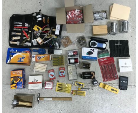 Quantity of watchmakers tools to include case openers, file sets, magnifier, pliers etc 