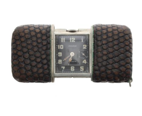 Movado Ermeto lizard/snake skin purse watch, black dial with Arabic numerals, minute track and subsidiary seconds at the thre