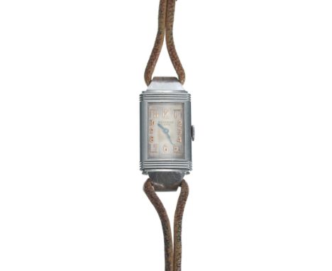 Reverso Luxe rectangular stainless steel lady's wristwatch, case no. 27308, circa 1930s, rectangular silvered dial with appli