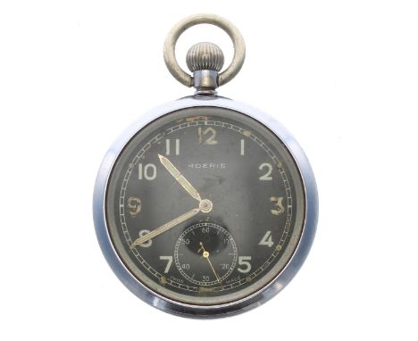 Moeris WWII British Military Army issue chrome cased lever pocket watch, signed cal. 19H 15 jewel adjusted movement, signed b
