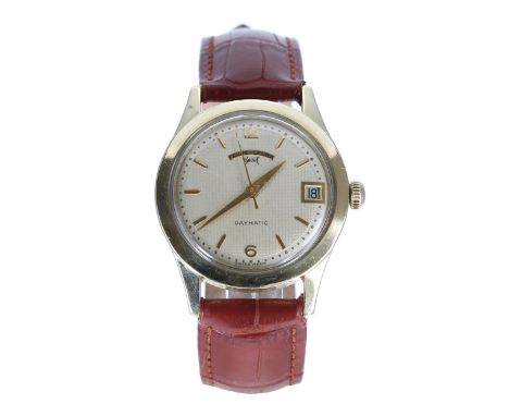 Favre-Leuba Bovet Daymatic automatic 14ct gold capped gentleman's wristwatch, circular silvered textured dial with applied gi