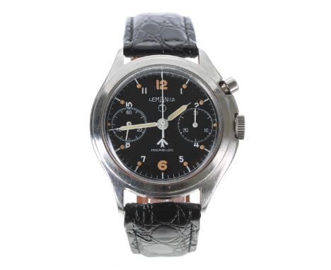 Lemania British Military RAF issue single button chronograph pilot's wristwatch, case reference 35-69, circa 1963, the black 