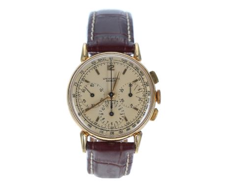 Universal Genéve Compax 18ct chronograph gentleman's wristwatch, movement, no. 184xxx, circa 1950s, circular champagne dial w