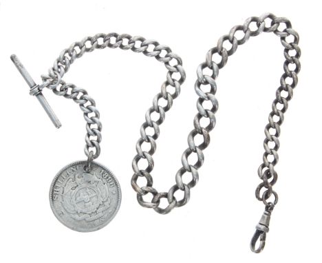 Silver graduated curb watch Albert chain, with silver T-bar and clasp and South African Republic 1896 2 1/2 Shilling fob, 72.