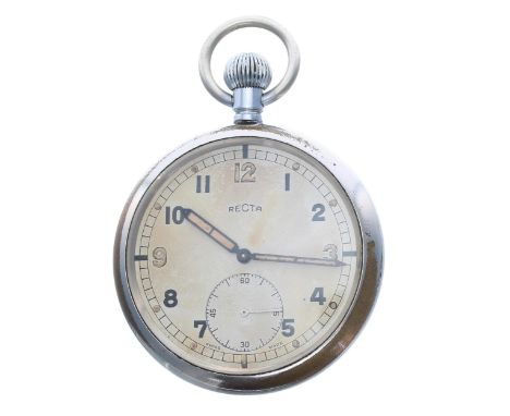 Recta WWII British Military Army issue nickel cased lever pocket watch, signed MV A2 movement, signed dial with Arabic numera
