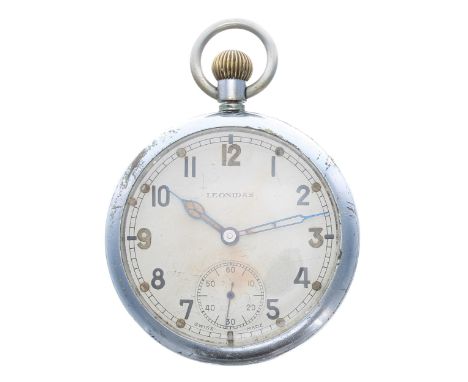 WWII British Military Army issue nickel cased lever pocket watch, unsigned gilt frosted movement, dial signed Leonidas with A