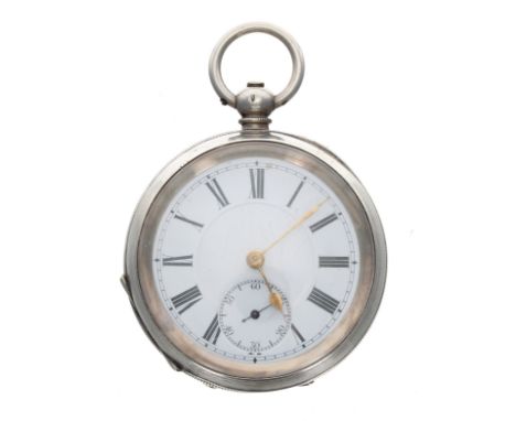 Swiss silver (.935) lever pocket watch, circa 1880, unsigned three quarter plate movement, Roman numeral dial in an engine tu