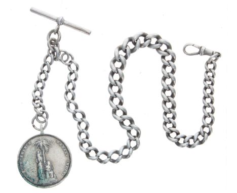 Silver graduated curb watch Albert chain, with silver T-bar and clasp and an Army Temperance Association Medal India 1897, 82