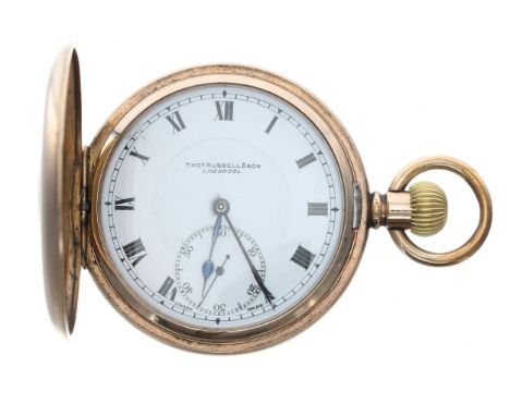 Thos. Russell & Son gold plated half hunter lever pocket watch, signed 10 jewel movement with compensated balance and regulat