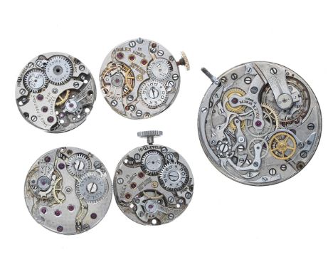 Single button Valjoux chronograph movement signed Rolex, white enamel dial, 30mm; with four other Rolex wristwatch movements 