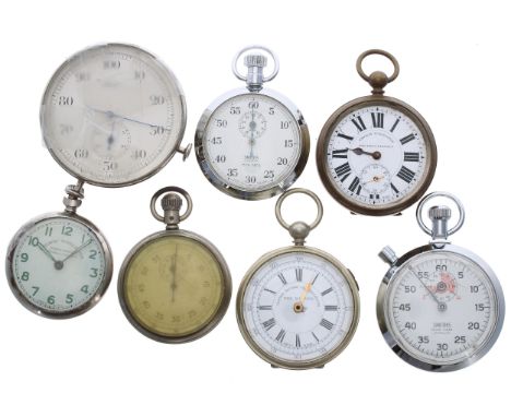 Two Smiths chrome cased pocket timers; together with 'The Wizard' Centre Seconds Chronograph nickel cased pocket watch; two '