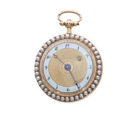 Attractive Continental 18ct enamel and seed pearl verge pocket watch, the fusee movement with pierced engraved balance bridge