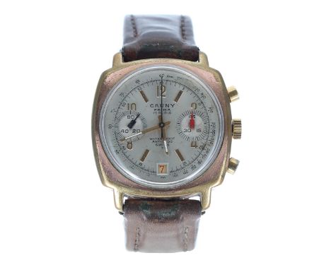 Cauny Prima chronograph gold plated and stainless steel gentleman's wristwatch, case no. 985xxx, circular silvered dial with 