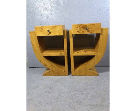 Pair of Art Deco style Bur Maple bedside or occasional tables with single drawer and shelf each approximately 49x 32 x75cm