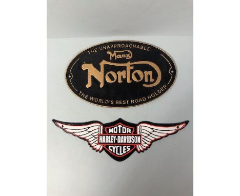 Two cast iron painted motorcycle signs, Harley davidson, Norton each approximately 38cm