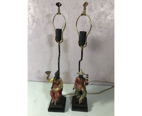 Pair of Table lamp bases of oriental figures on square columns, cast metal with painted decoration, antique finish , each app