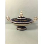 !8th century style ceramic Tareen with lid in blue and white with gilt decoration approximately 36 x