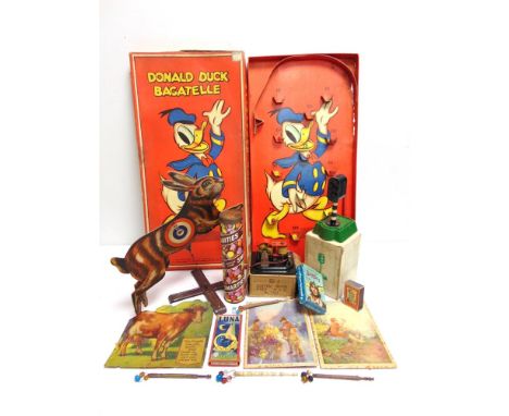 ASSORTED TOYS &amp; COLLECTABLES  comprising a Chad Valley Donald Duck Bagatelle, boxed; Pepys 'Biggles' card game, boxed; fo