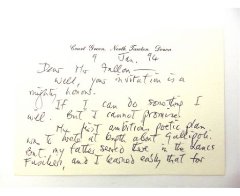 AUTOGRAPHS - HUGHES, EDWARD JAMES 'TED' (ENGLISH, 1930-1998), POET, TRANSLATOR &amp; CHILDREN'S WRITER  An autograph letter s