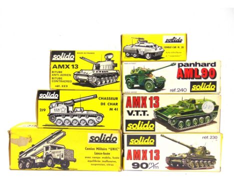 ASSORTED SOLIDO DIECAST MODEL MILITARY VEHICLES comprising a No.200, Combat-Car M20; No.201, Camion Unic Lance Fusee; No.219,