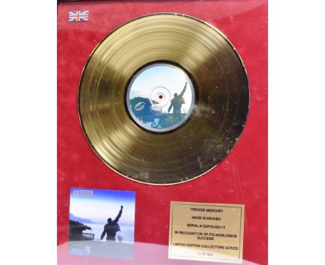 POP MEMORABILIA - FREDDIE MERCURY A 'Made in Heaven' gold disc, limited edition collectors series 13 of 500, framed and glaze