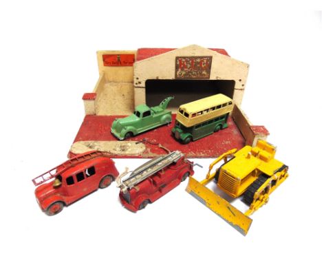 FIVE ASSORTED DIECAST MODEL VEHICLES  including an early Moko Lesney large scale caterpillar bulldozer, variable condition, g