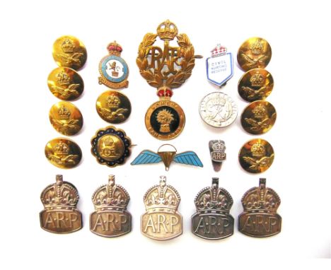 ASSORTED BADGES &amp; BUTTONS  comprising four silver A.R.P. lapel badges; a silver A.R.P. pin badge; a small silver A.R.P. l