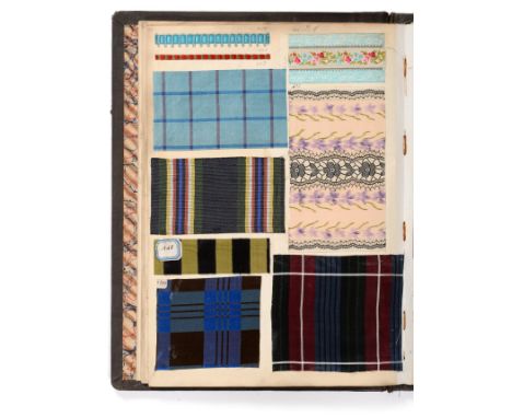French Fabric Sample Book, circa 1890's  Enclosing printed silks in stripes, tartans, checks, some with cut velvets in vibran