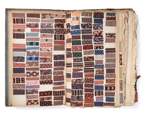 French Fabric Sample Book, 19th century  Including woven and brocade silk and wool samples, printed cotton in stripes, checks