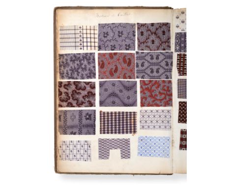 French Fabric Sample Book, 19th century  Enclosing printed cotton designs in brown, purples, reds in checks, stripes, trellis