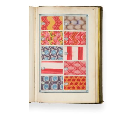 French Fabric Sample Book, early 19th century  Enclosing printed cottons of floral, striped, checked, floral, abstract in yel