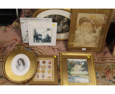 A COLLECTION OF GILT FRAMED PICTURES AND PRINTS ETC TO INCLUDE AN OIL ON BOARD STILL LIFE OF ROSES, OVAL PORTRAIT ETC