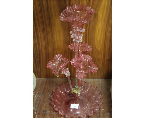 A CRANBERRY GLASS STYLE EPERGNE - ONE TRUMPET DAMAGED