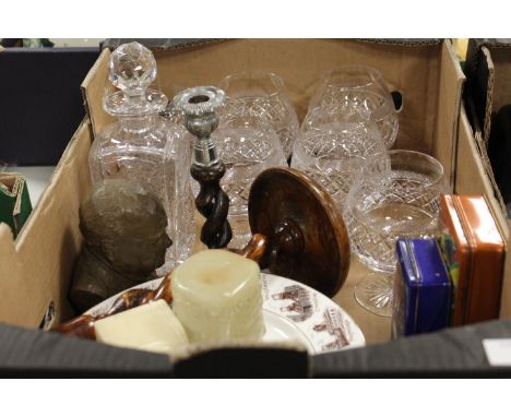 A TRAY OF CERAMICS AND GLASS TO INCLUDE A SET OF SIX TUDOR  CRYSTAL BRANDY GLASSES , BUST OF WINSTON CHURCHILL CANDLE STICKS 