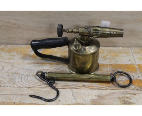 A VINTAGE BRASS BLOW LAMP TOGETHER WITH VINTAGE HANGING SCALES