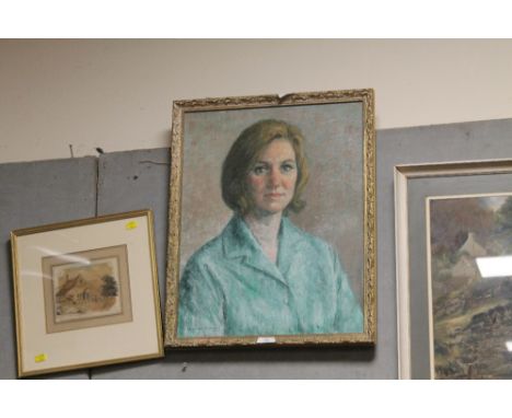 A GILT FRAMED PORTRAIT OF A LADY IN A GREEN JACKET SIGNED LOWER LEFT KATHLEEN TOWNSEND 1971 
