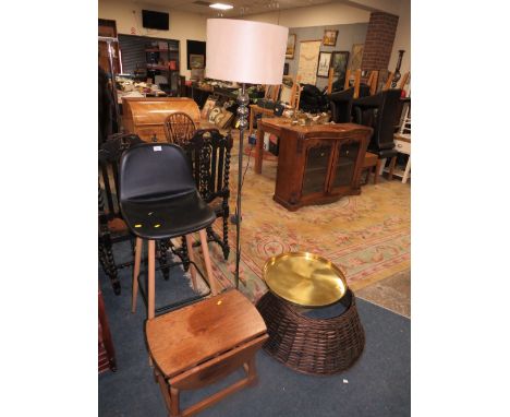 A MODERN LAMP STANDARD, BAR STOOL, OAK SMALL DROPLEAF TABLE, CIRCULAR TRAY AND WICKER CHRISTMAS TREE SKIRT (5)