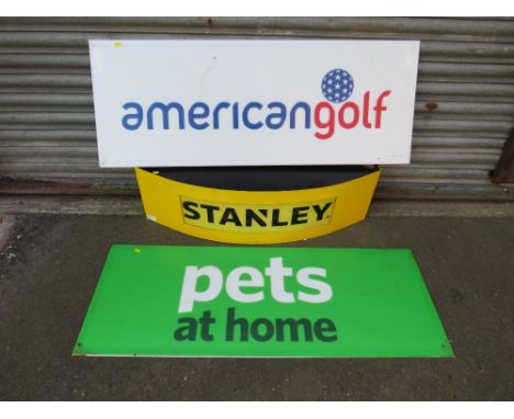 THREE ADVERTISING SIGNS TO INCLUDE STANLEY TOOLS, AMERICAN GOLF ETC