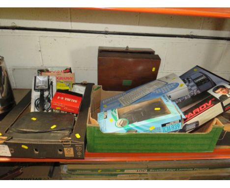 A SELECTION OF CAMERA EQUIPMENT, NEW /OLD STOCK LIGHT FITTINGS, CHESS GAME, GRAMOPHONE ETC