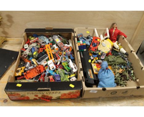 TWO TRAYS OF ASSORTED VINTAGE TOYS TO INCLUDE DIECAST / DINKY CARS, ACTION MAN ETC