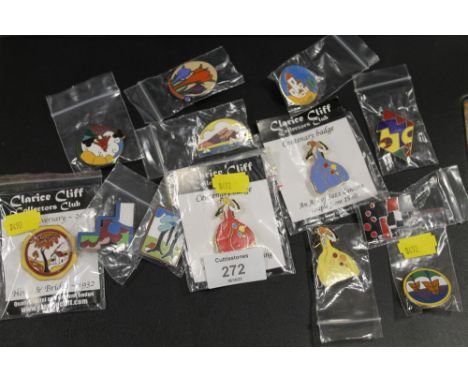 A COLLECTION OF CLARICE CLIFF ENAMEL CLUB BADGES ETC