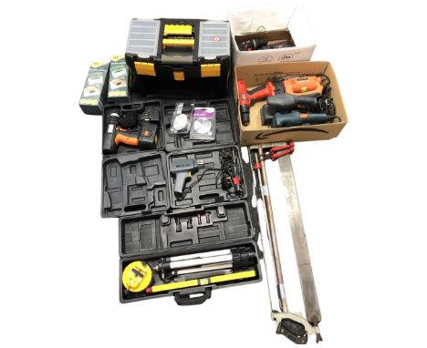 Three boxes containing boxed and unboxed hand and power tools, a cased laser level, air dehumidifiers etc.