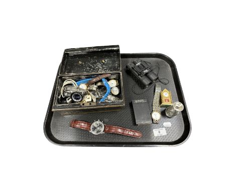 A tray of vintage cash tin, lady's and gent's watches, Zippo lighter, pair of Minox binoculars etc 