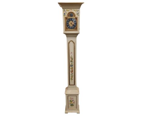 A continental Tempus Fugit longcase clock in slim painted case with brass dial.