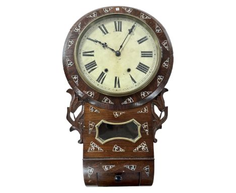 A Victorian rosewood drop dial wall clock with mother of pearl inlay.