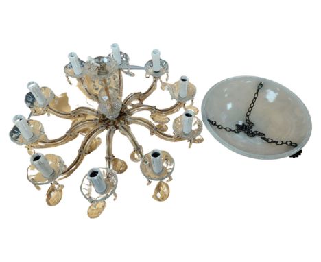 A ten branch glass chandelier together with an Art Deco opaque glass hanging light shade 