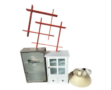 A mid century pendant light fitting together with a painted cabinet, medical cabinet and a plywood shelf 