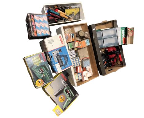 Three boxes containing assorted boxed and unboxed hand and power tools including a Bosch orbital sander, a Black and Decker r