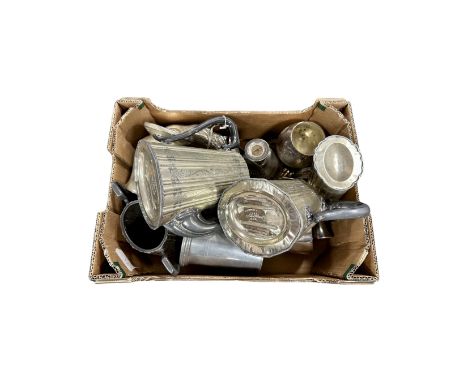 A box containing a quantity of silver plated tea wares, a candlestick etc.