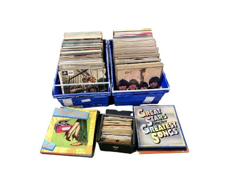 Three boxes containing assorted vinyl LPs, singles and box sets including several albums by The Beatles, Pink Floyd, Led Zepp